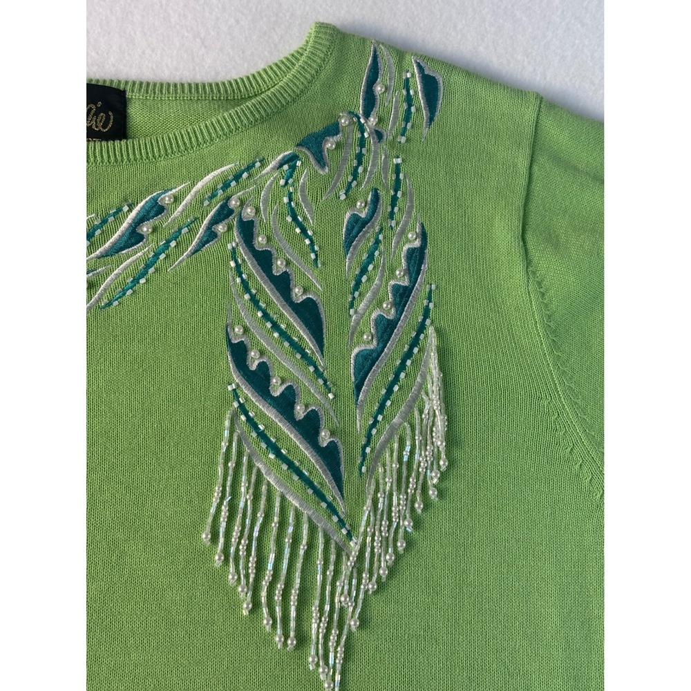 Bob Mackie Wearable Art Lime Green Beaded Feather Fringe Knit Sweater Womens L - Picture 4 of 10